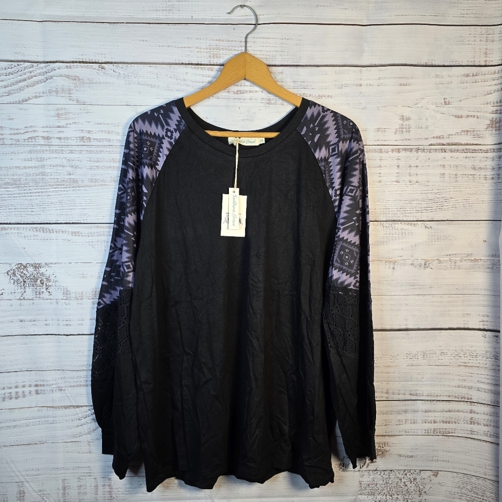 Southern Grace Aztec Lace Puff Sleeve NWT Black Blouse Sizes S TO L